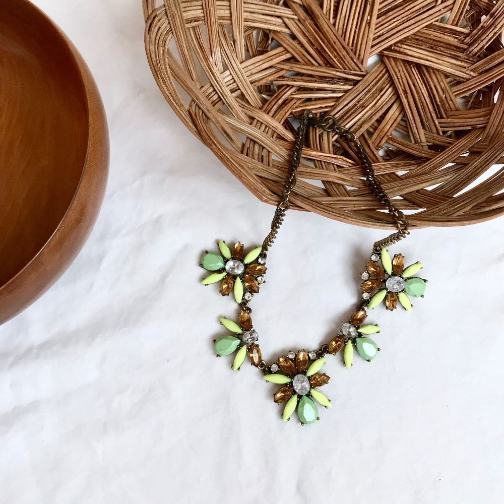 J. CREW Statement Necklace Lime Green & Gold GUC